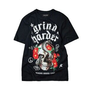 Reason T-Shirt Men’s 2XL (XXL) Black Grind Harder Skull Snake Floral Tee